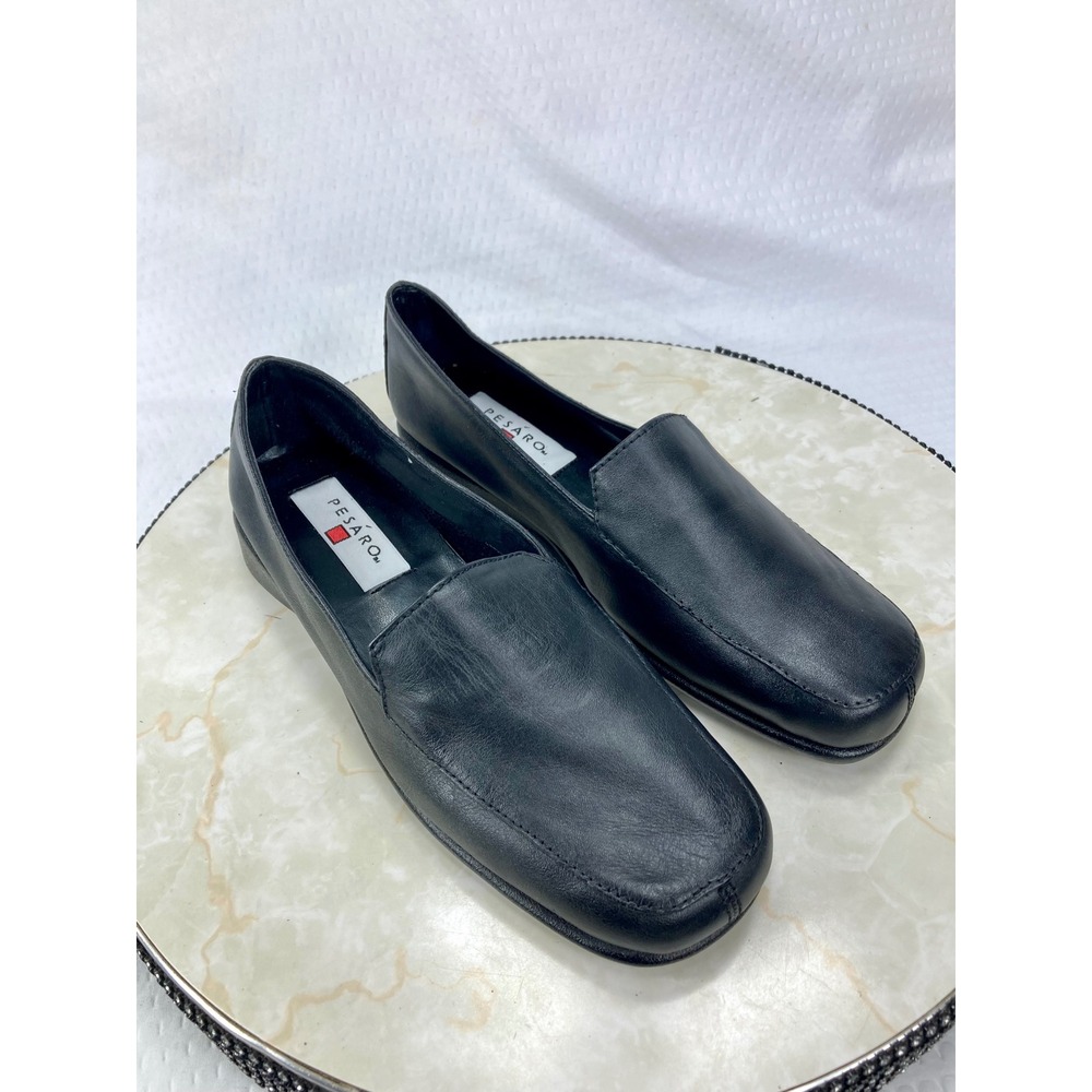 Pesaro Cushie Leather Square Toe Loafers Women 8 Black Comfort Slip On Shoes NWT